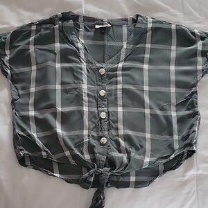 Plaid Button-Up Tie-Front Top - Black and White